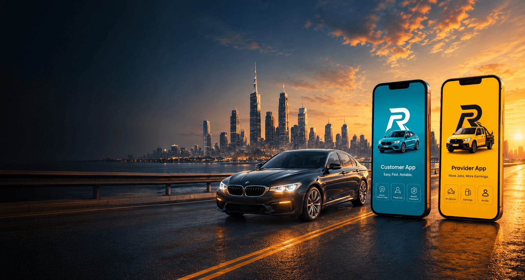 RoadHero customer and provider apps guiding a driver on a city road at night